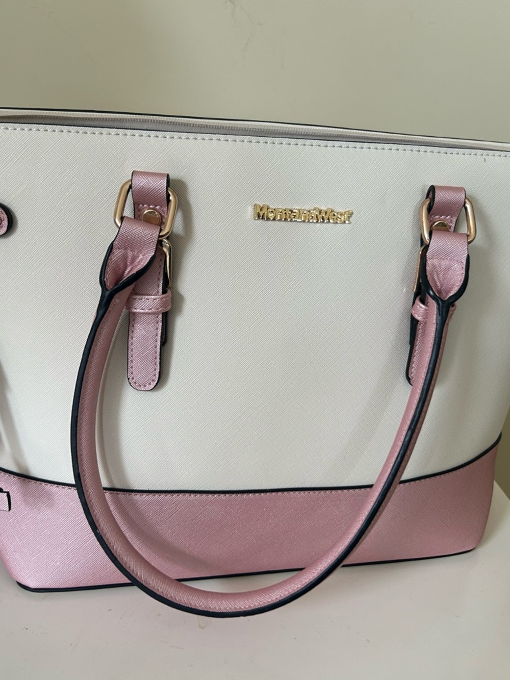 Montana West White and Pink Two-Tone Tote with Gold Hardware
